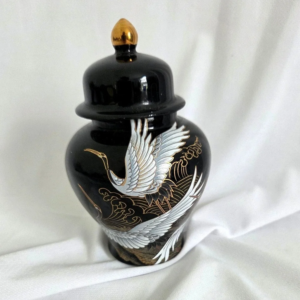 Shibata Japan Black Porcelain Jar White Cranes Gold Accents 5 Inch